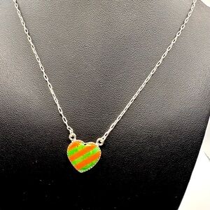 Silver Heart Necklace with Orange and Green Stripes